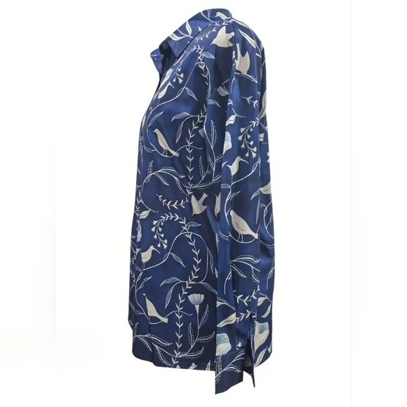 Amazon Bird Print Floral Blue Size L Button-Up Top 3249-G - Picture 2 of 12